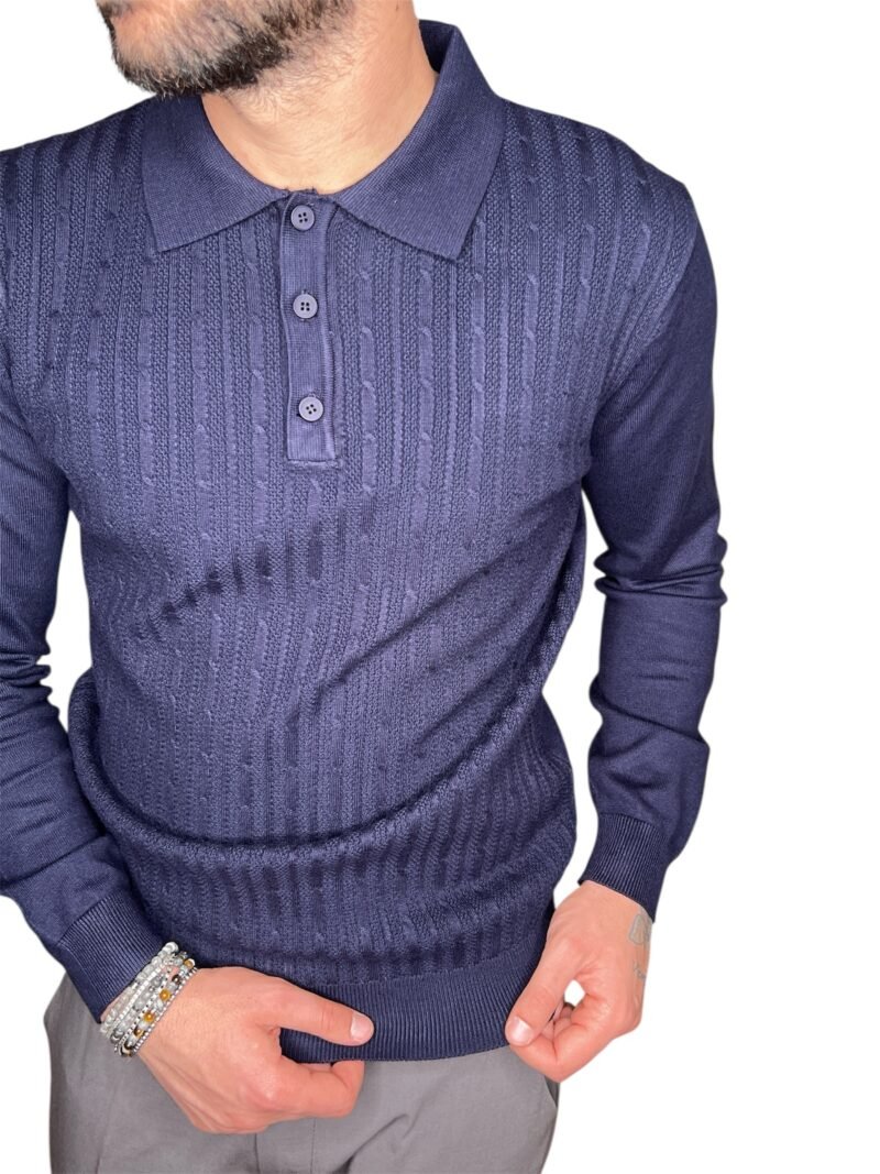 POLO UOMO MANICA LUNGA CON COLLETTO TRAMA STRUTTURATA BLU - immagine 2